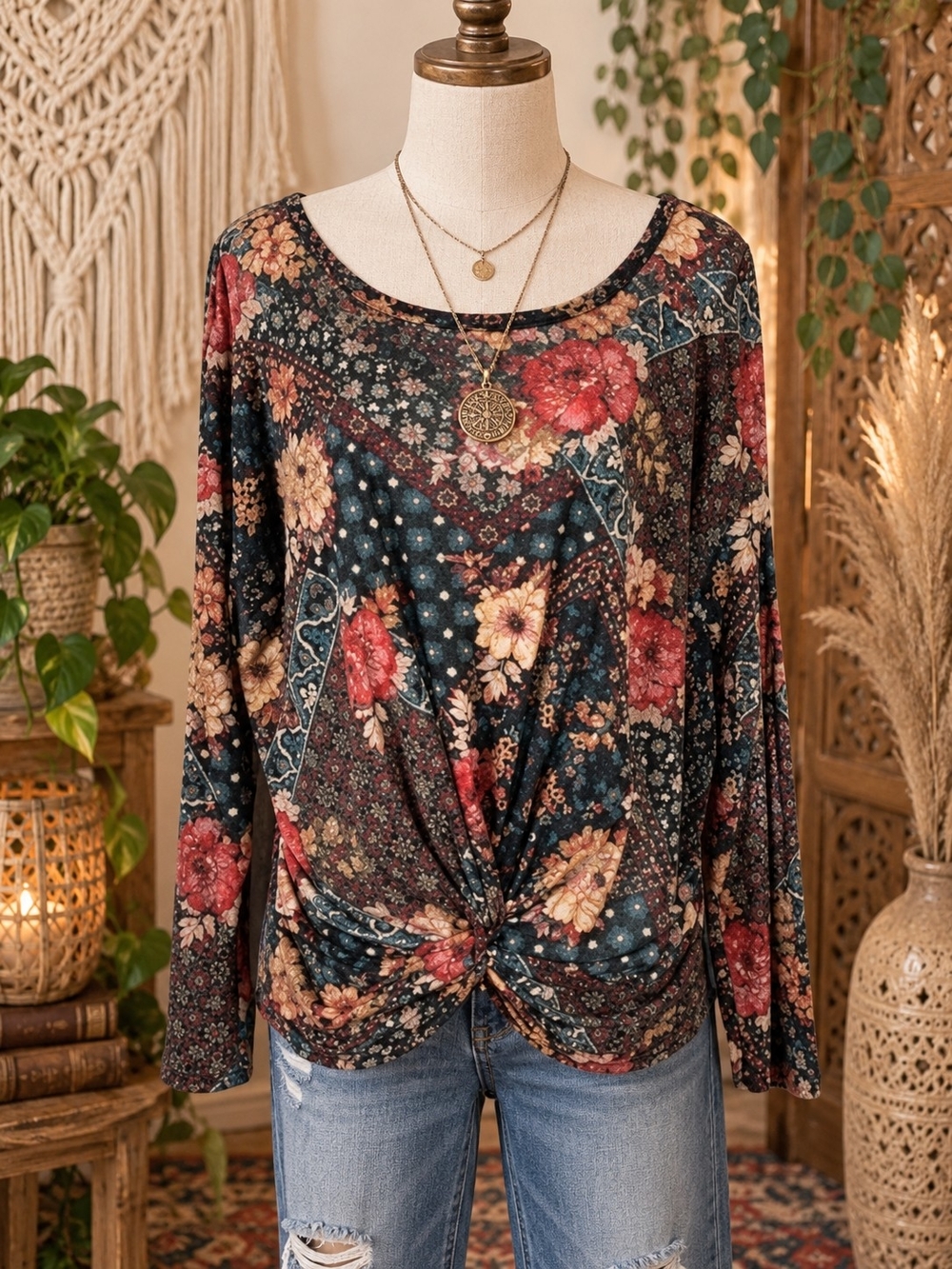 Daytrip Black Multi Floral Twist-Front Long Sleeve Top with Red and Cream Blooms